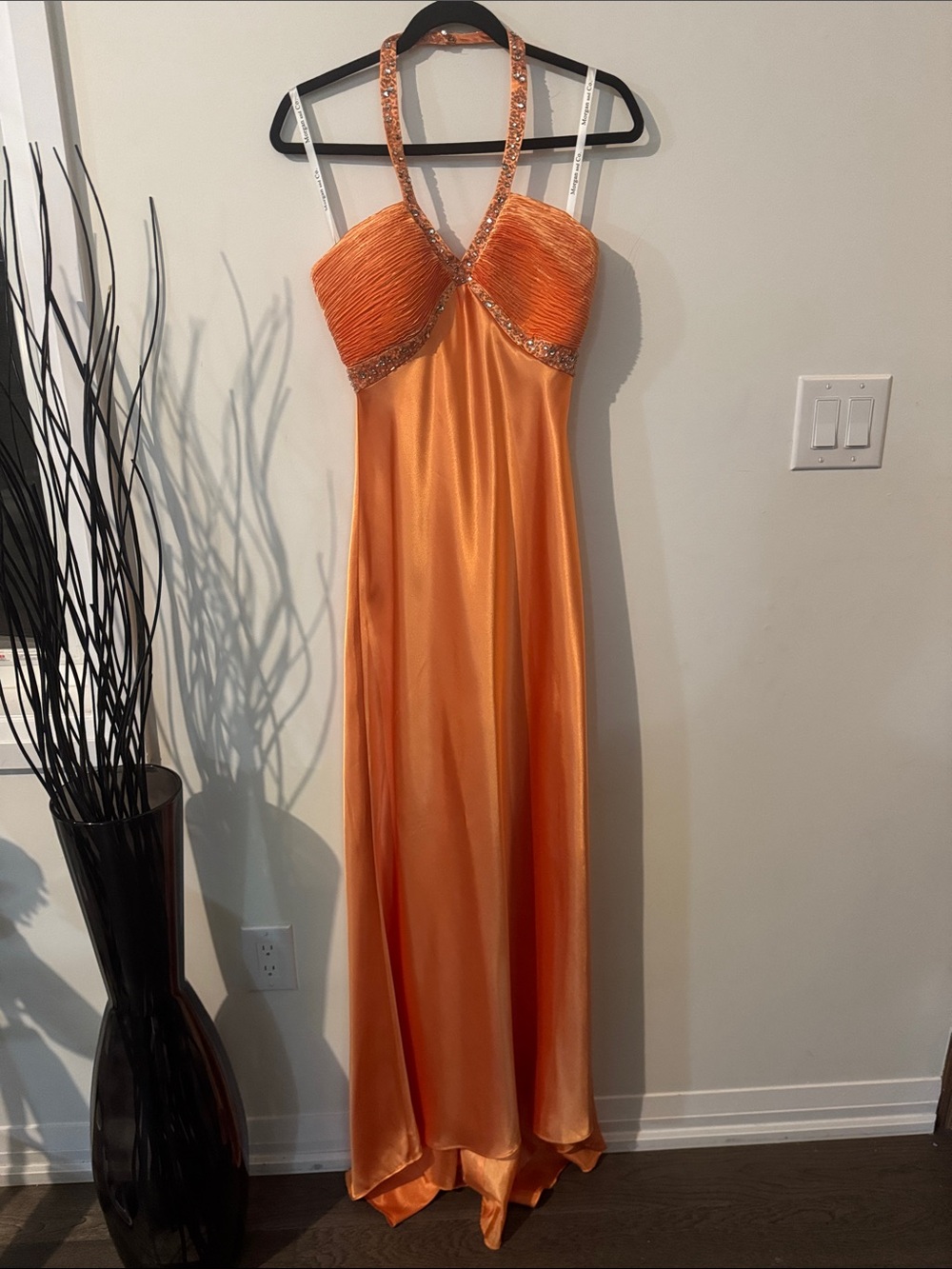 Morgan and Co Orange Halter Evening Gown - Elegant Satin Prom Dress